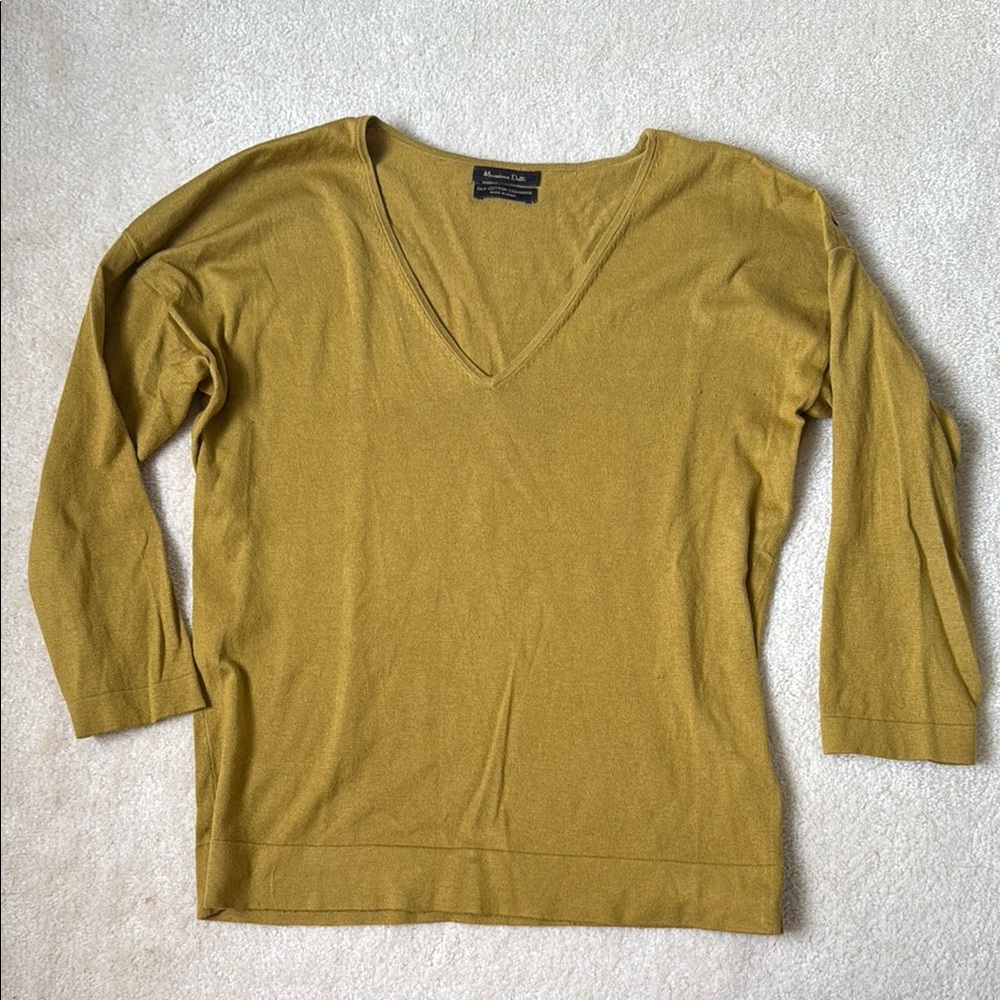 Massimo Dutti Mustard Yellow/Olive V-Neck Lightweight Silk Cotton Cashmere